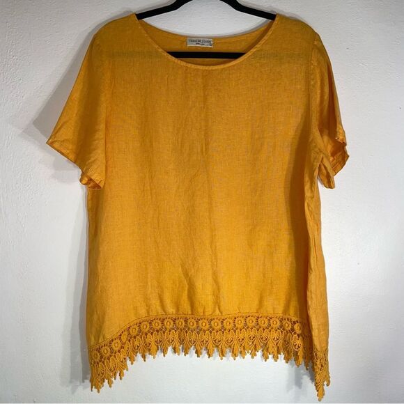 Terzo Millennio L 100% Linen Yellow Short Sleeve Top Lagenlook - Picture 1 of 8
